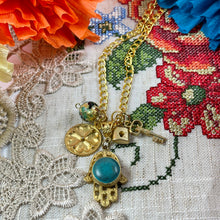 Load image into Gallery viewer, Turquoise & Gold Hamsa Long Necklace