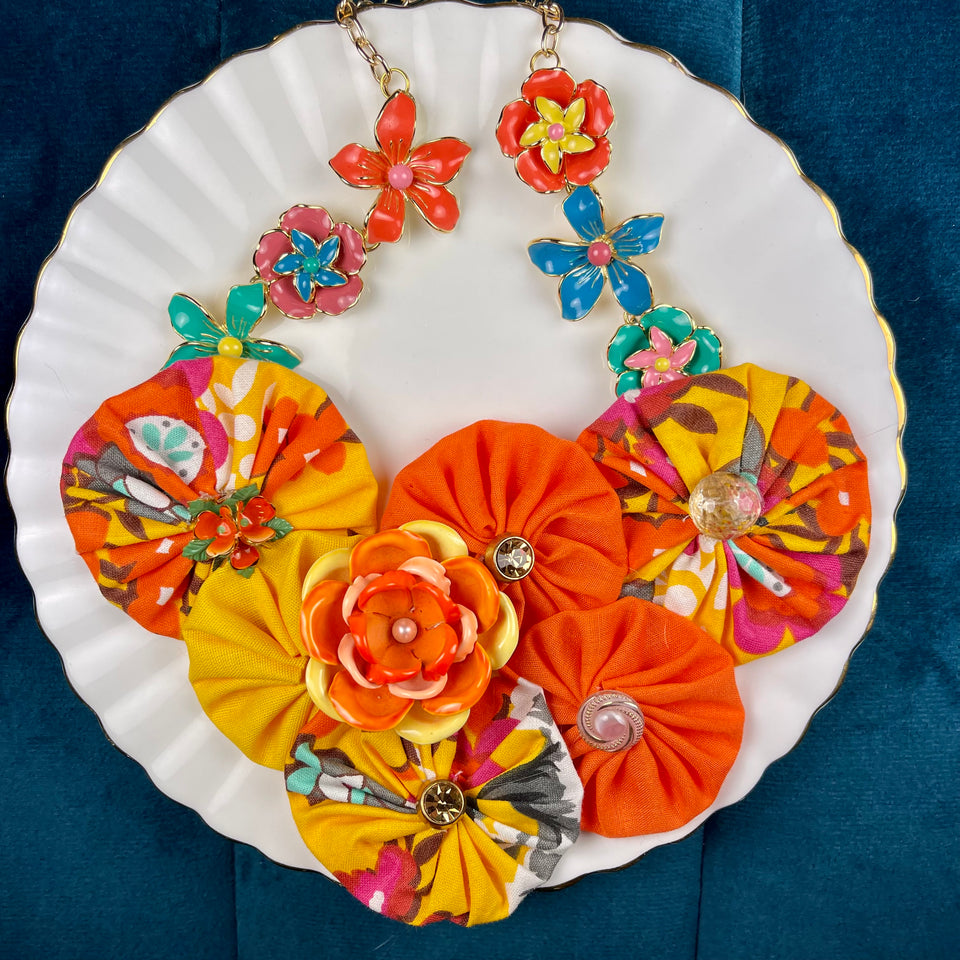 Multi-Colored Fabric Flower Bomb Necklace With Vintage Orange Flowered Brooch