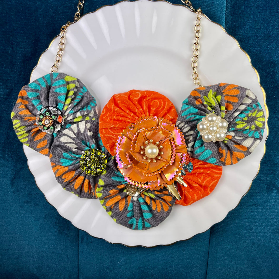 Turquoise, Orange Flower Bomb with Orange Vintage Flower