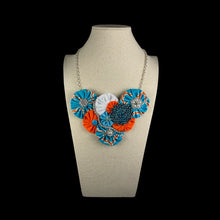 Load image into Gallery viewer, Aqua and Orange Flower Bomb Necklace with Turquoise and Pearl Pins
