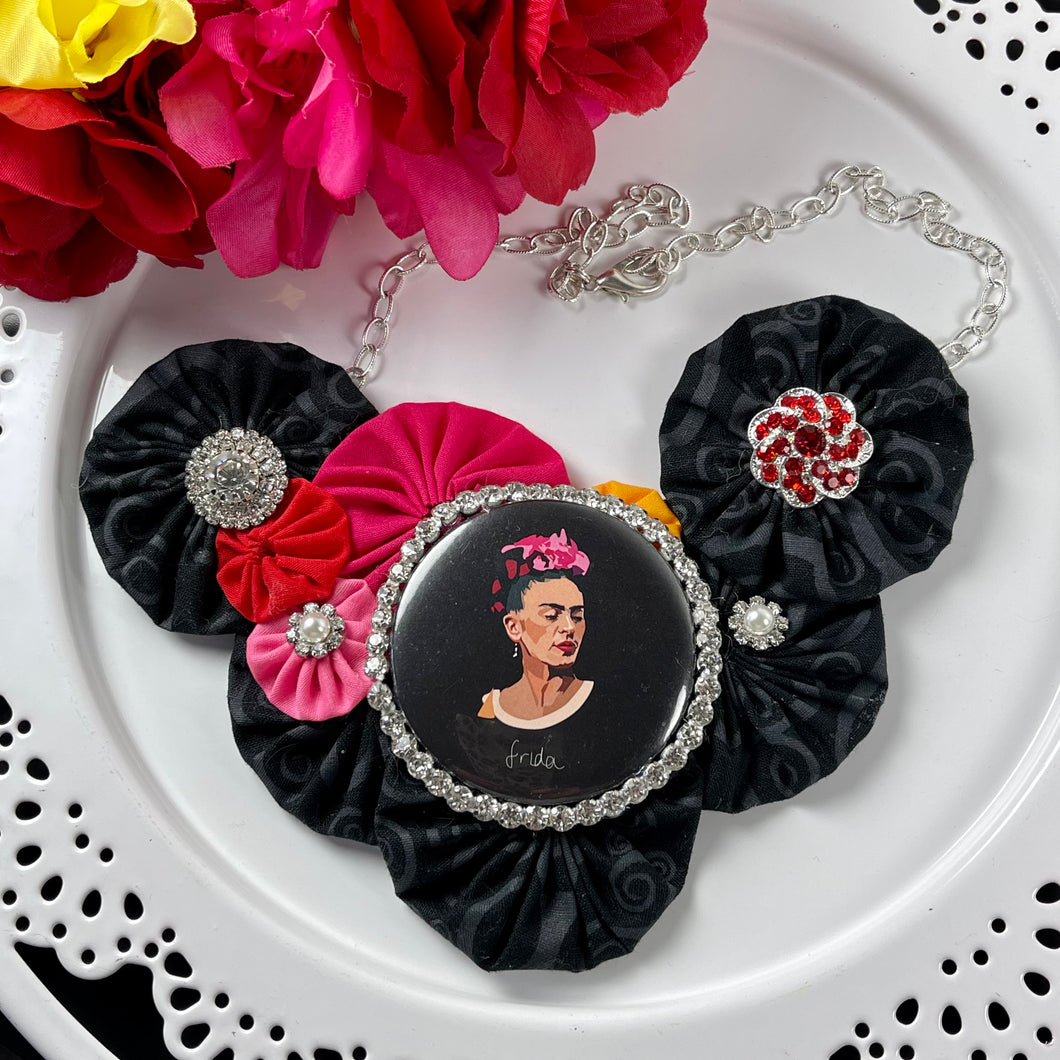 Black Patterned Fabric with Black Background & Pink Frida