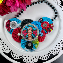 Load image into Gallery viewer, Blue and Red Fabric with Flowered Frida &amp; Black &amp; Crystal Chain
