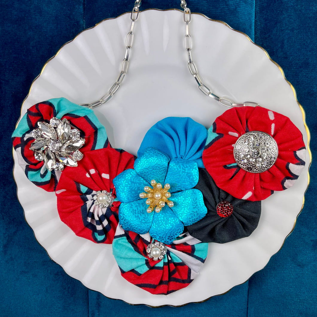 Red & Blue Kenyan Fabric Flower Bomb with Turquoise Vintage Flower