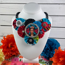 Load image into Gallery viewer, Blue and Red Fabric with Flowered Frida &amp; Black &amp; Crystal Chain
