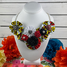 Load image into Gallery viewer, White, Yellow &amp; Red Kenya Fabric Flower Bomb with Black Button
