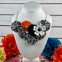 Load image into Gallery viewer, Zebra Fabric Flower Bomb with Orange and White Vintage Pin
