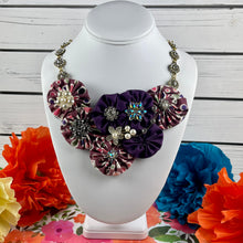 Load image into Gallery viewer, Purple Fabric Flower Bomb with Pearls &amp; Vintage Pin
