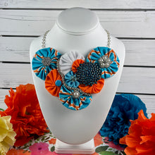 Load image into Gallery viewer, Aqua and Orange Flower Bomb Necklace with Turquoise and Pearl Pins
