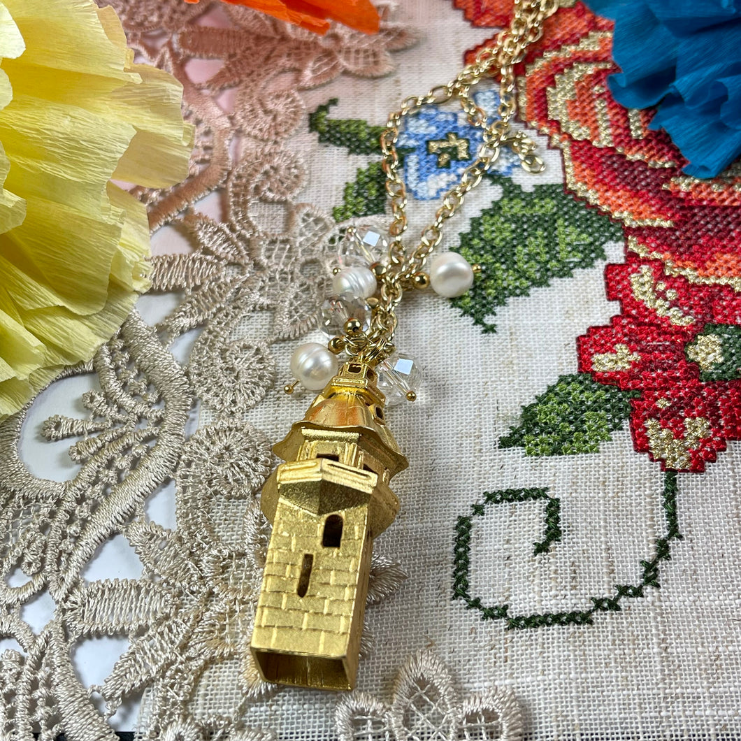 Gold Tower Pendant Long Necklace