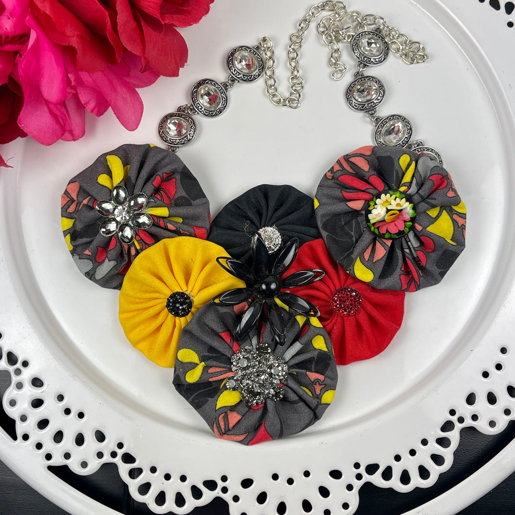 Grey & Yellow Flower Bomb with Red & Black Flower Pin