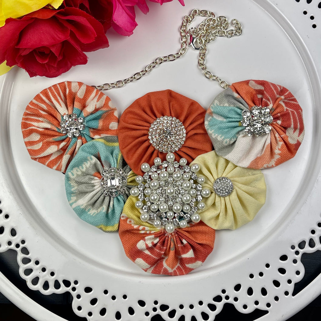 Turquoise & Orange Fabric Flower Bomb with Vintage Pearl Pin