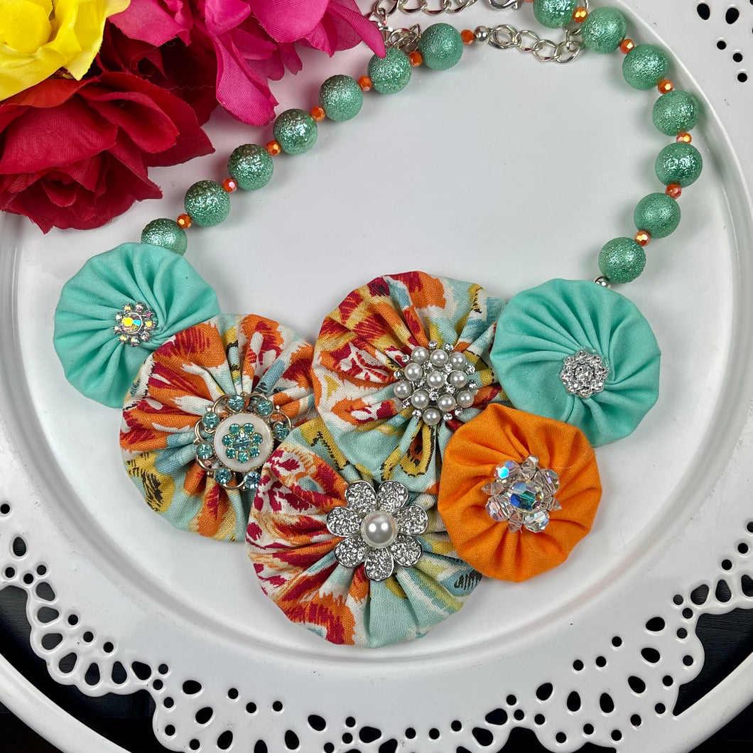 Mint Green & Orange Flower Bomb with Pearls & Green Bead Chain