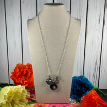 Load image into Gallery viewer, Silver Portrait Locket Long Necklace with Silver Charms
