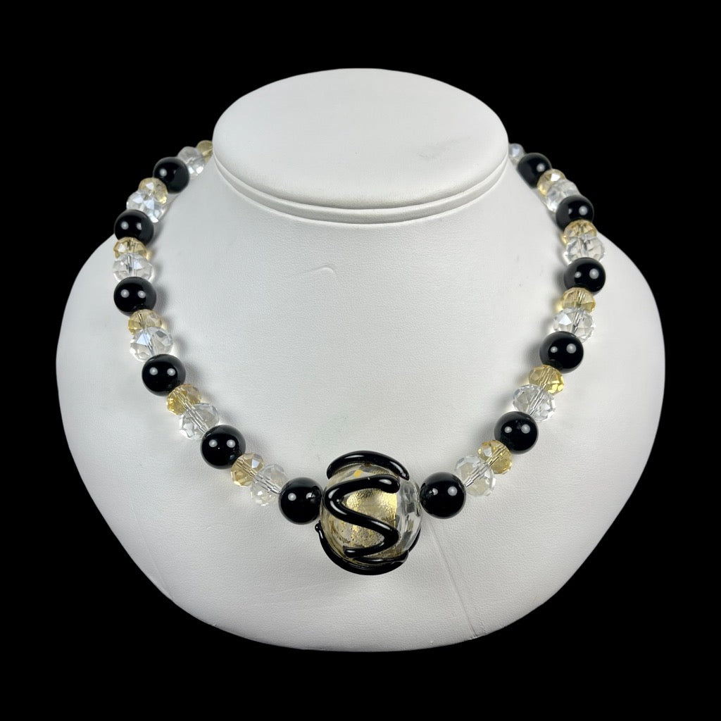 Gold & Black Round Murano with Onyx and Crystal