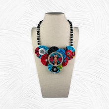 Load image into Gallery viewer, Blue and Red Fabric with Flowered Frida &amp; Black &amp; Crystal Chain
