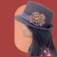 Load image into Gallery viewer, Burgundy Fedora Hat with Small Fabric Flowers &amp; Copper Pin
