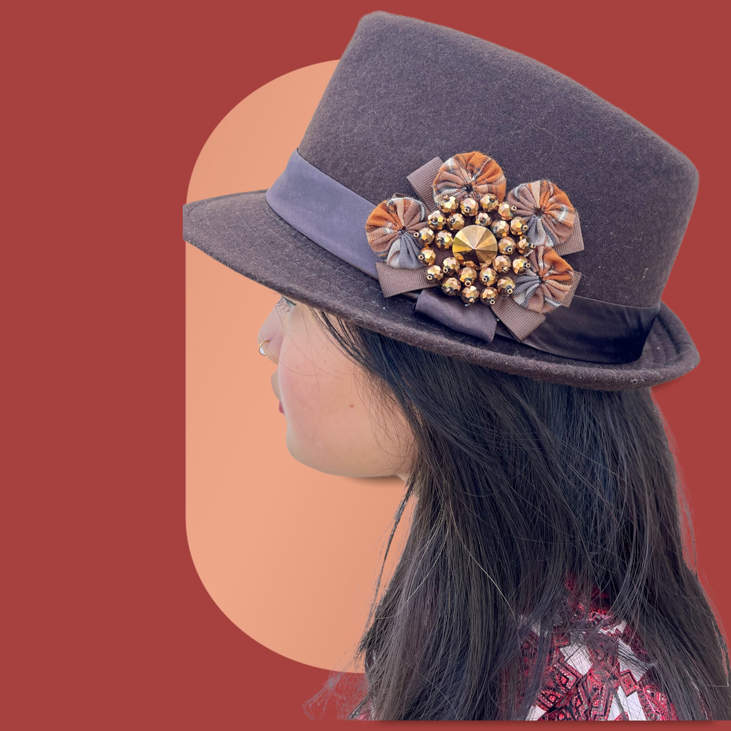 Burgundy Fedora Hat with Small Fabric Flowers & Copper Pin