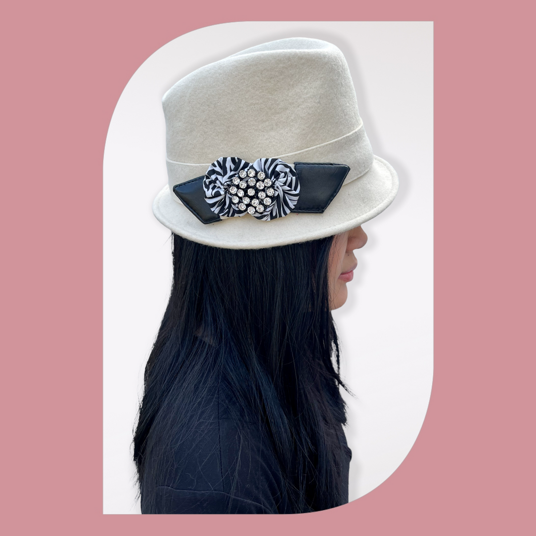 White Fedora Hat with Striped Fabric Flowers & Vintage Pin