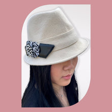 Load image into Gallery viewer, White Fedora Hat with Striped Fabric Flowers &amp; Vintage Pin
