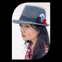 Load image into Gallery viewer, Grey Fedora Hat with Red Fabric Flower and Vintage Pin
