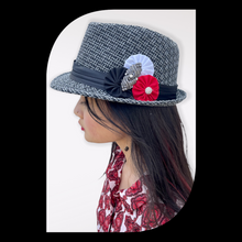 Load image into Gallery viewer, Grey Fedora Hat with Red Fabric Flower and Vintage Pin
