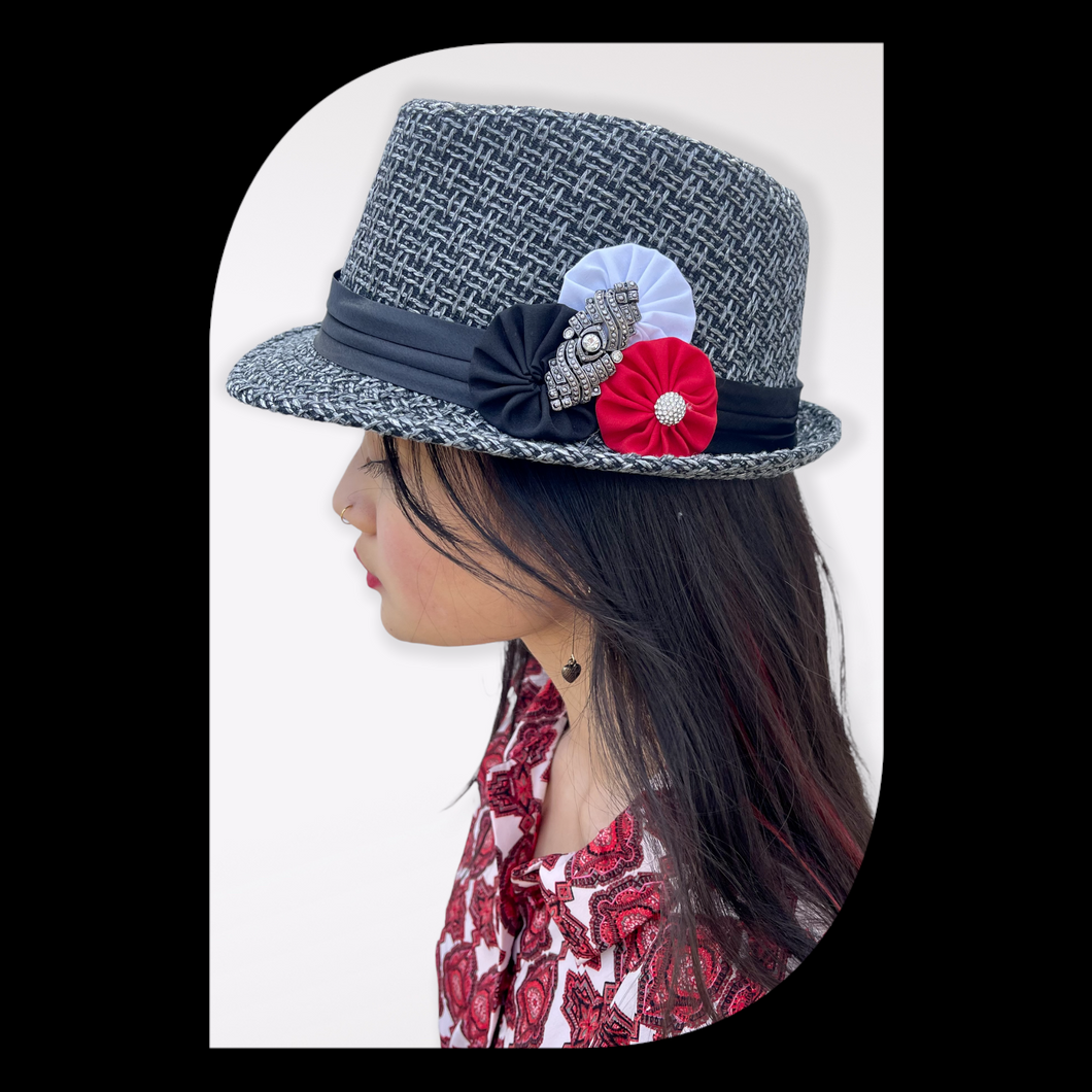 Grey Fedora Hat with Red Fabric Flower and Vintage Pin